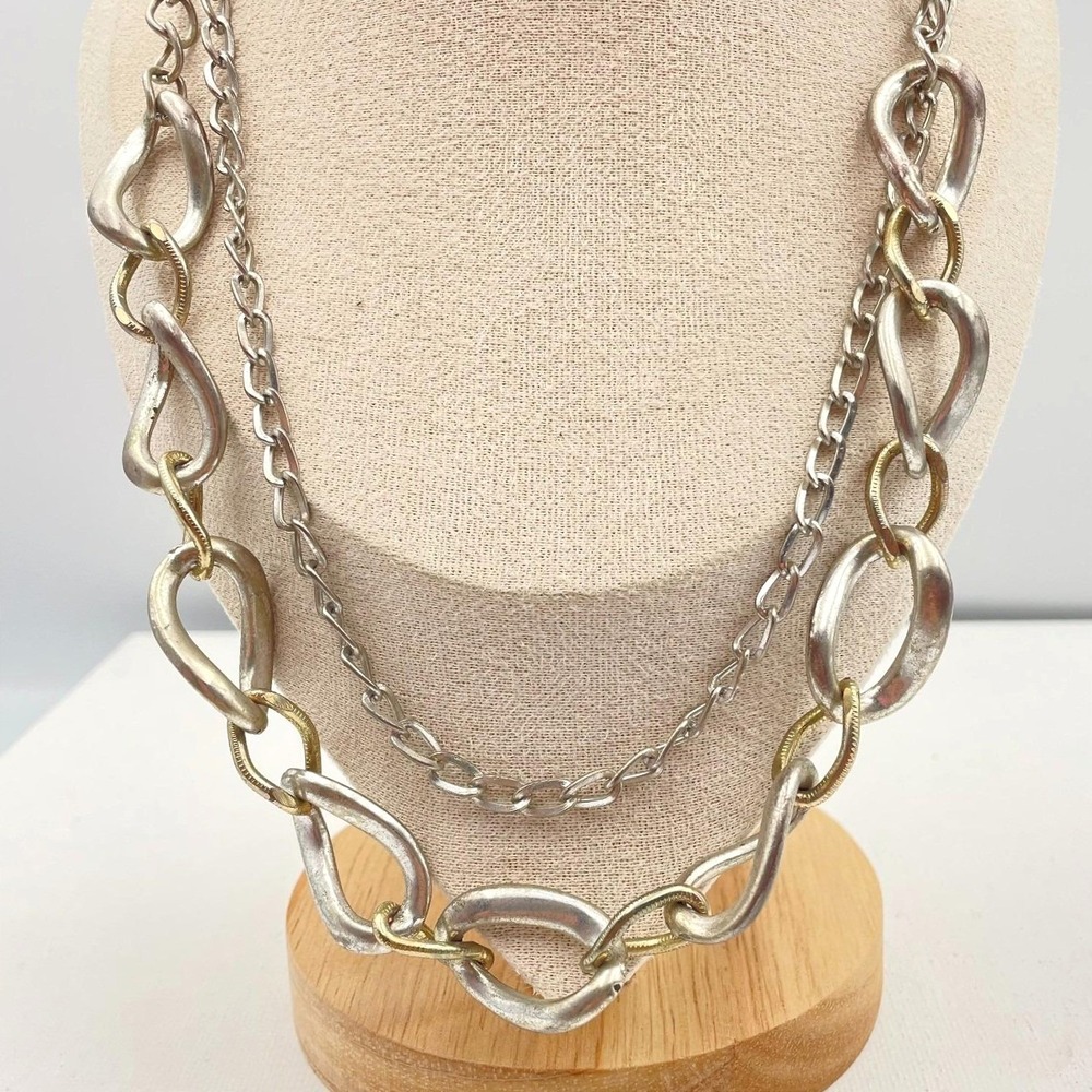 Vintage Avenue Silver Tone Double Strand Chain Necklace Statement Jewelry Y2K‎